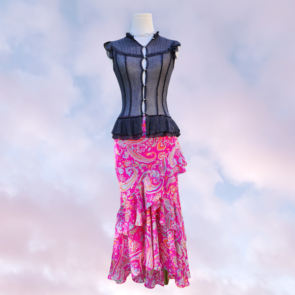 Vtg Y2k Chaps Bright Pink Paisley Asymmetrical Layered Tiered Colorful Skirt M - Picture 1 of 7